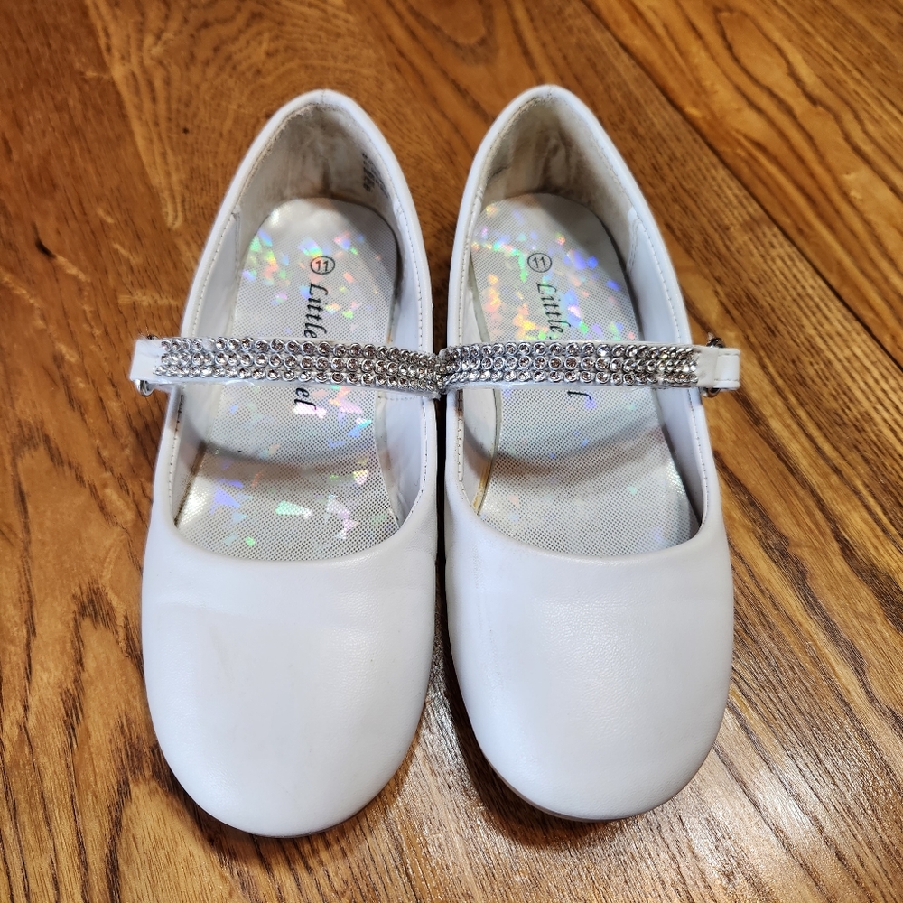 Girl White Leatherette Rhinestone Mary Jane Ballerina Flats Sz 11